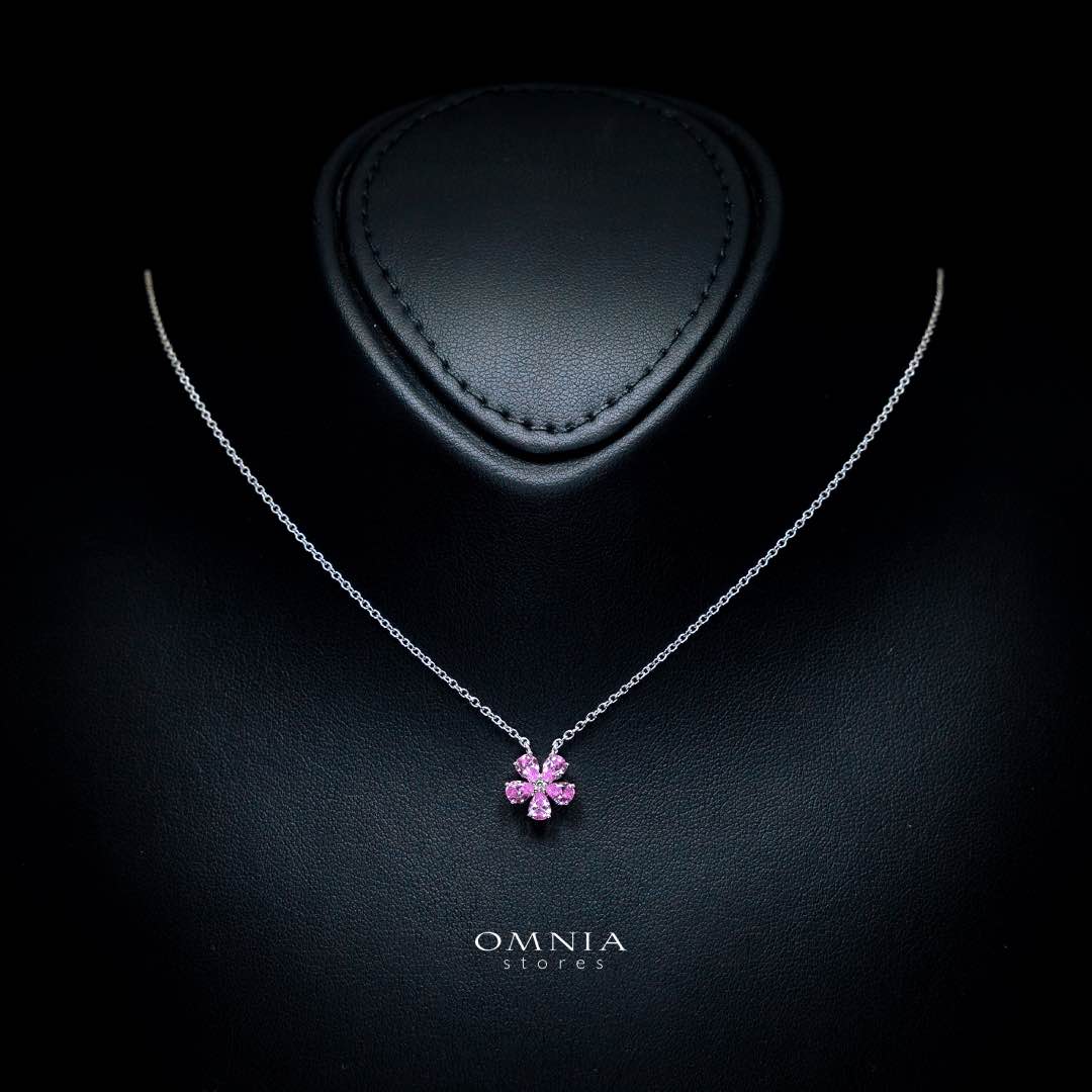 Omnia Pink Blossom Necklace In 92.5 Silver with High Quality Simulated Diamonds
