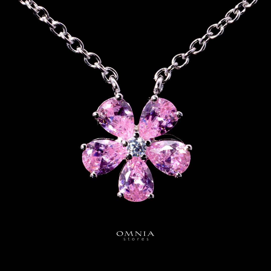 Omnia Pink Blossom Necklace In 92.5 Silver with High Quality Simulated Diamonds