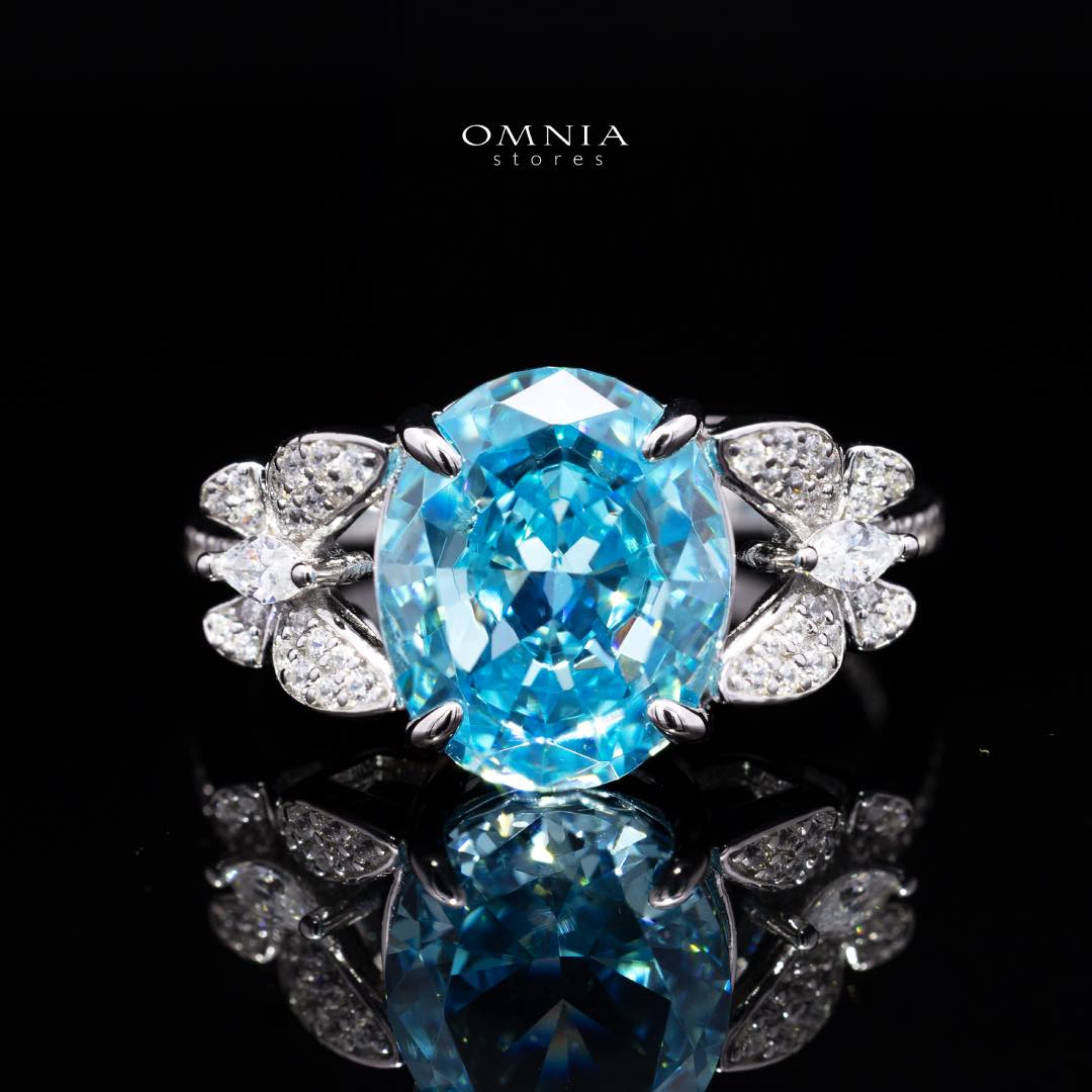 Omnia Maysun Baby Blue Oval Ring in 925 Silver with Simulated Diamonds