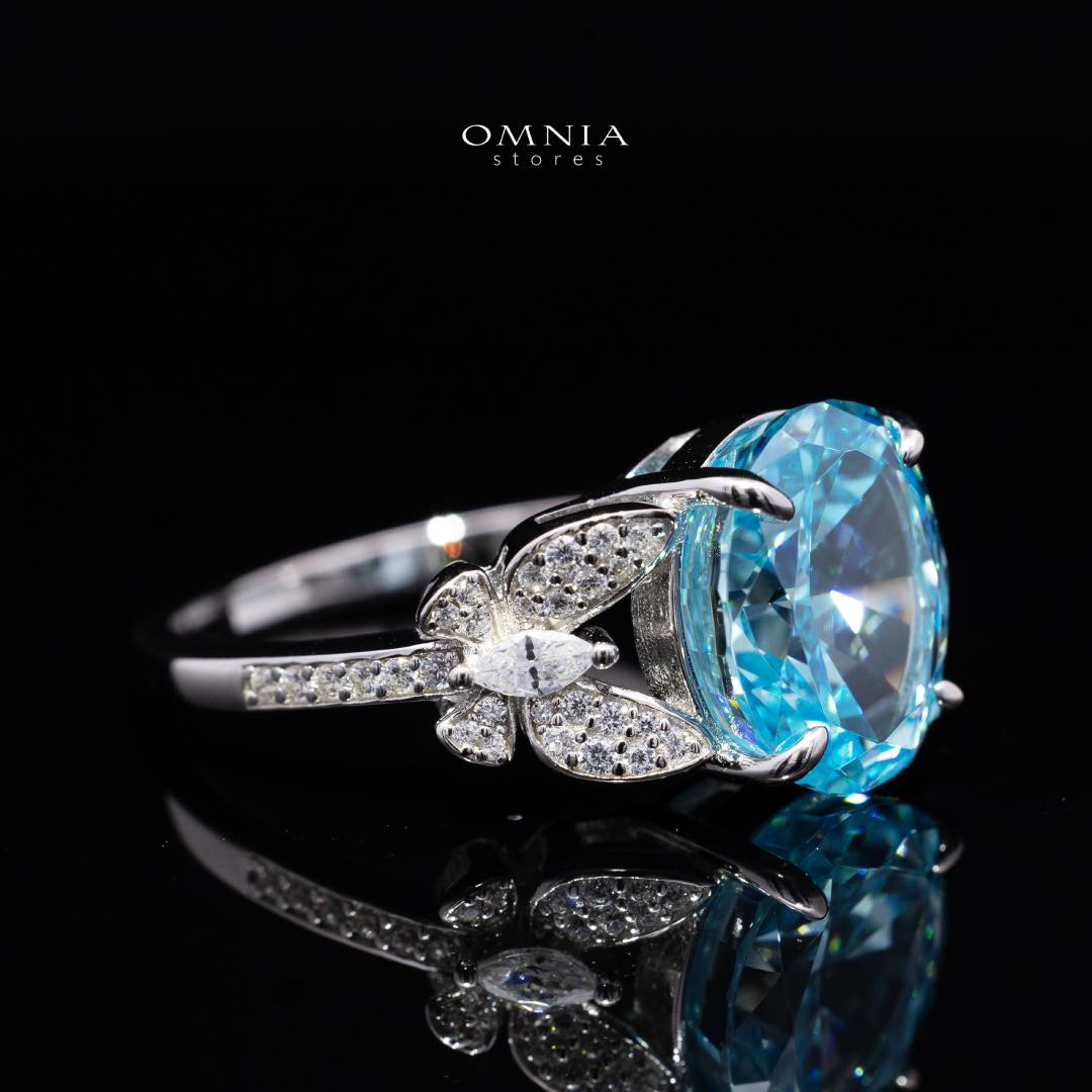 Omnia Maysun Baby Blue Oval Ring in 925 Silver with Simulated Diamonds