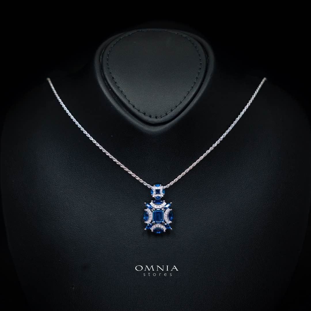 Omnia Aliz White and Blue Pendant Necklace With High Quality Simulated Diamonds In 925 Silver