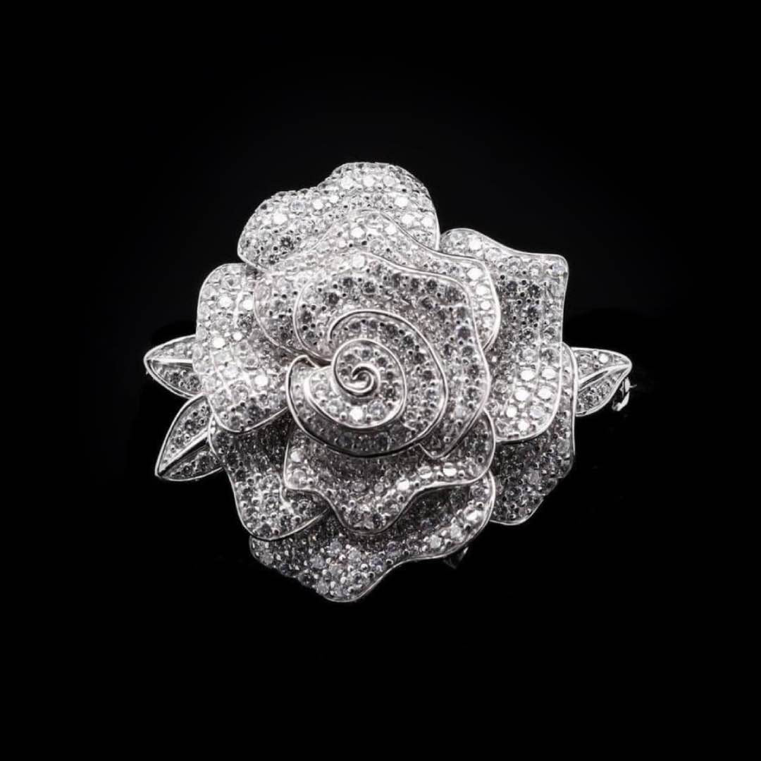 Omnia Silver Rose Brooch in 92.5 Silver with High Quality Simulated Diamonds