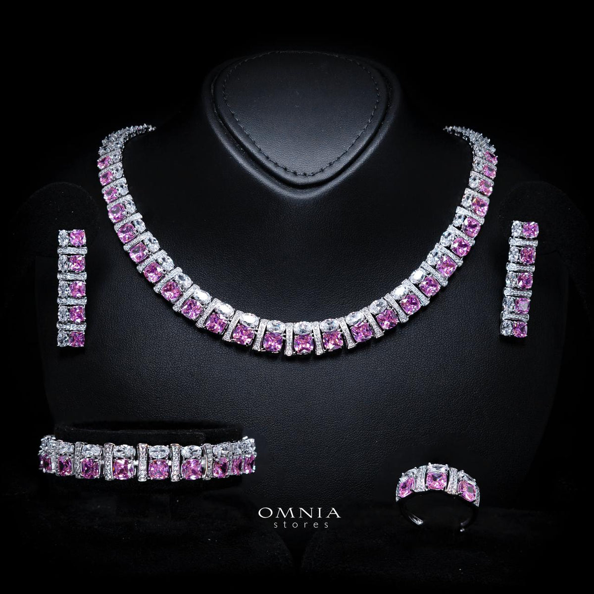 Marley Pink Bridal Full Set with High-Quality Simulated Diamonds – Rhodium Plated
