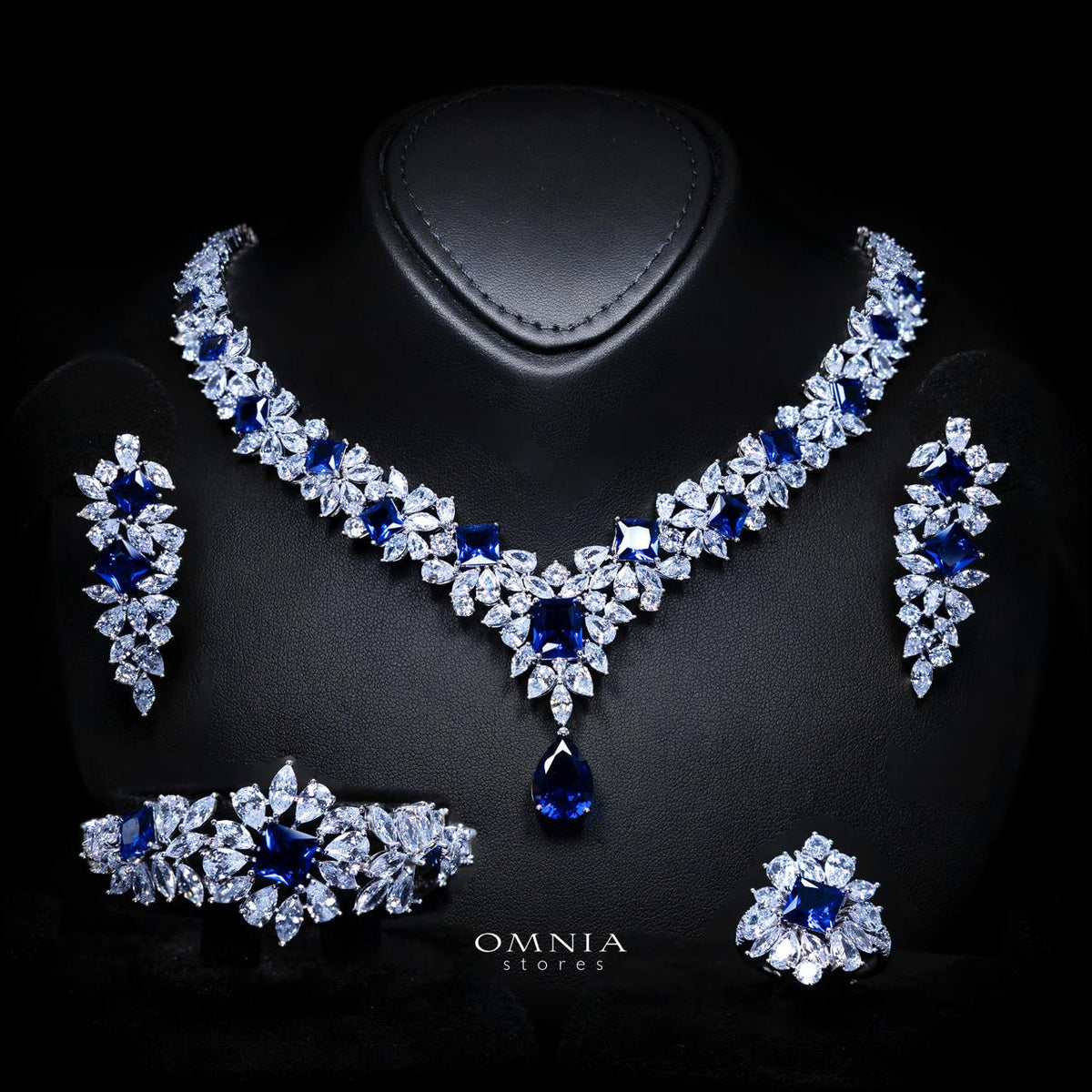 Christine Blue Luxury Bridal Full Set with High-Quality Simulated Diamonds – Rhodium Plated