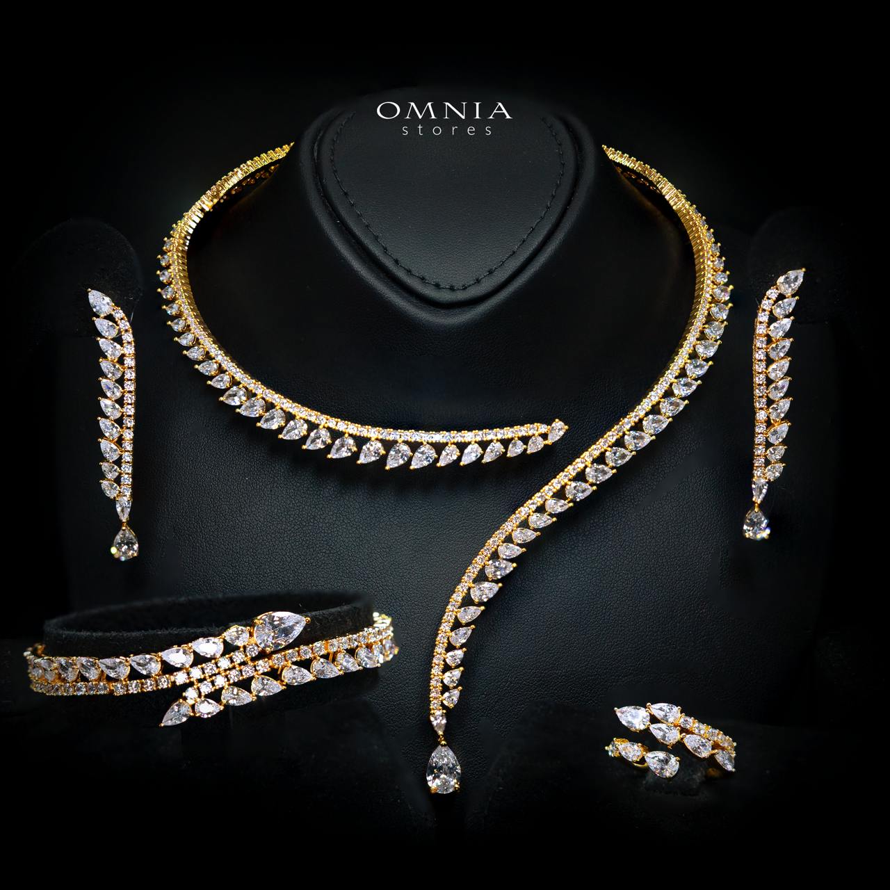 Catalina Elegant Gold Cascading Leaf Drop Bridal Full Set with High-Quality Premium Zircon Stones, Rhodium-Plated Finish