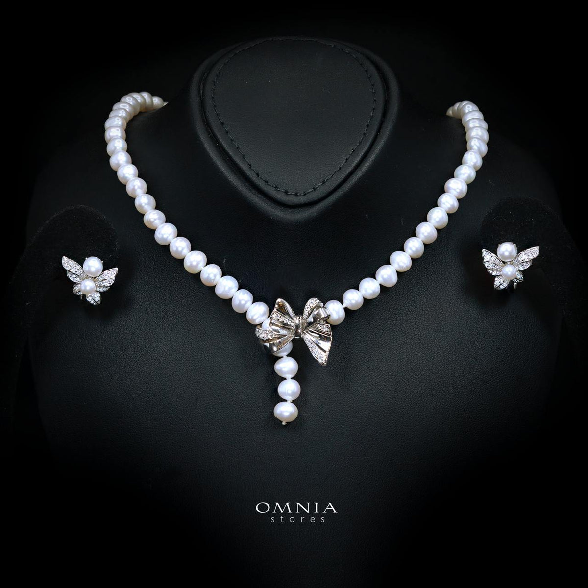 Elhamira Pearl Necklace and Earrings Set with High-Quality Premium Simulated Diamonds in 925 Sterling Silver