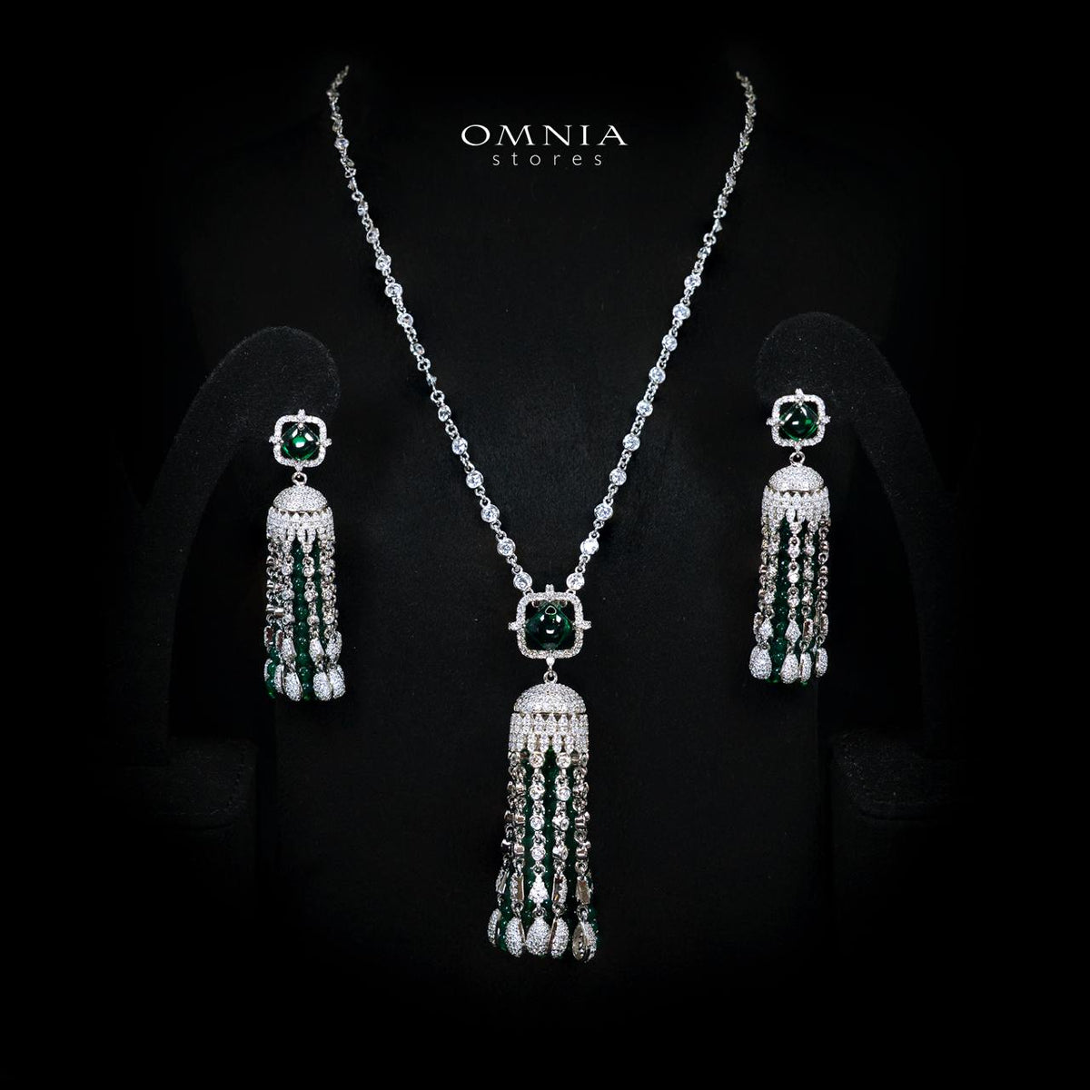 Emaniya Green Long Chain Necklace and Earring Set with High-Quality Premium Simulated Diamonds in 925 Sterling Silver