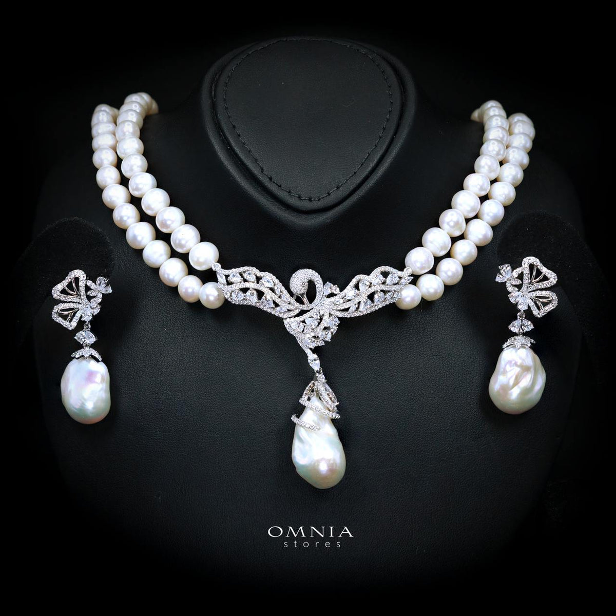 Talinara Pearl Necklace & Earring Set with High-Quality Premium Simulated Diamonds in 925 Sterling Silver