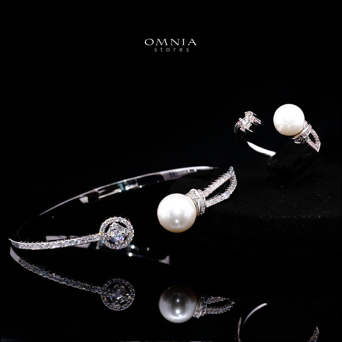 Nilda Pearl Bangle & Ring Set with Premium Simulated Diamonds in Rhodium-Plated Alloy