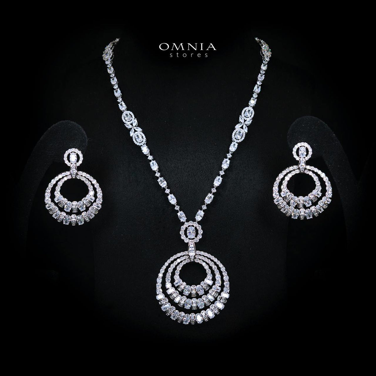 Selestine White Long Chain Necklace and Earring Set with High-Quality Simulated Diamonds and Rhodium Plating