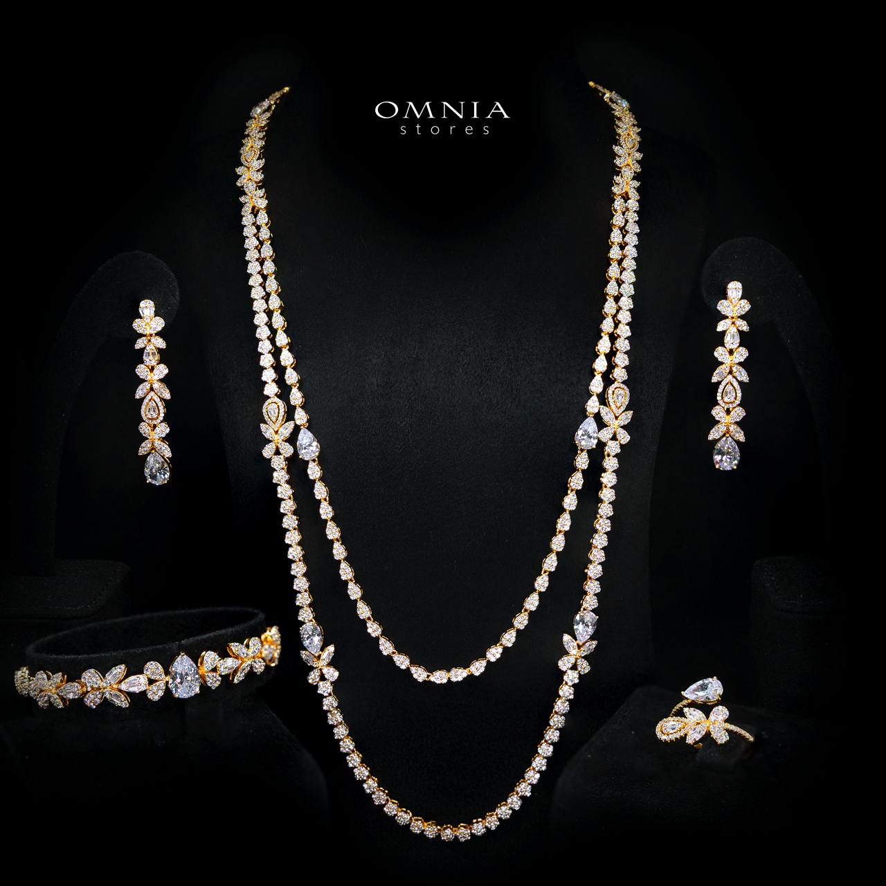 Omnia Yaza Bridal Gold Long chain Set High Quality Zircon Stone In Rhodium Plated