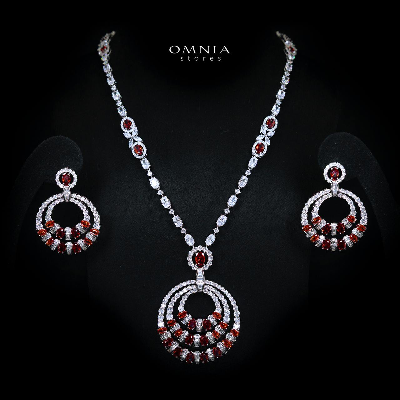 Selestine Red Long Chain Necklace and Earring Set with High-Quality Simulated Diamonds and Rhodium Plating