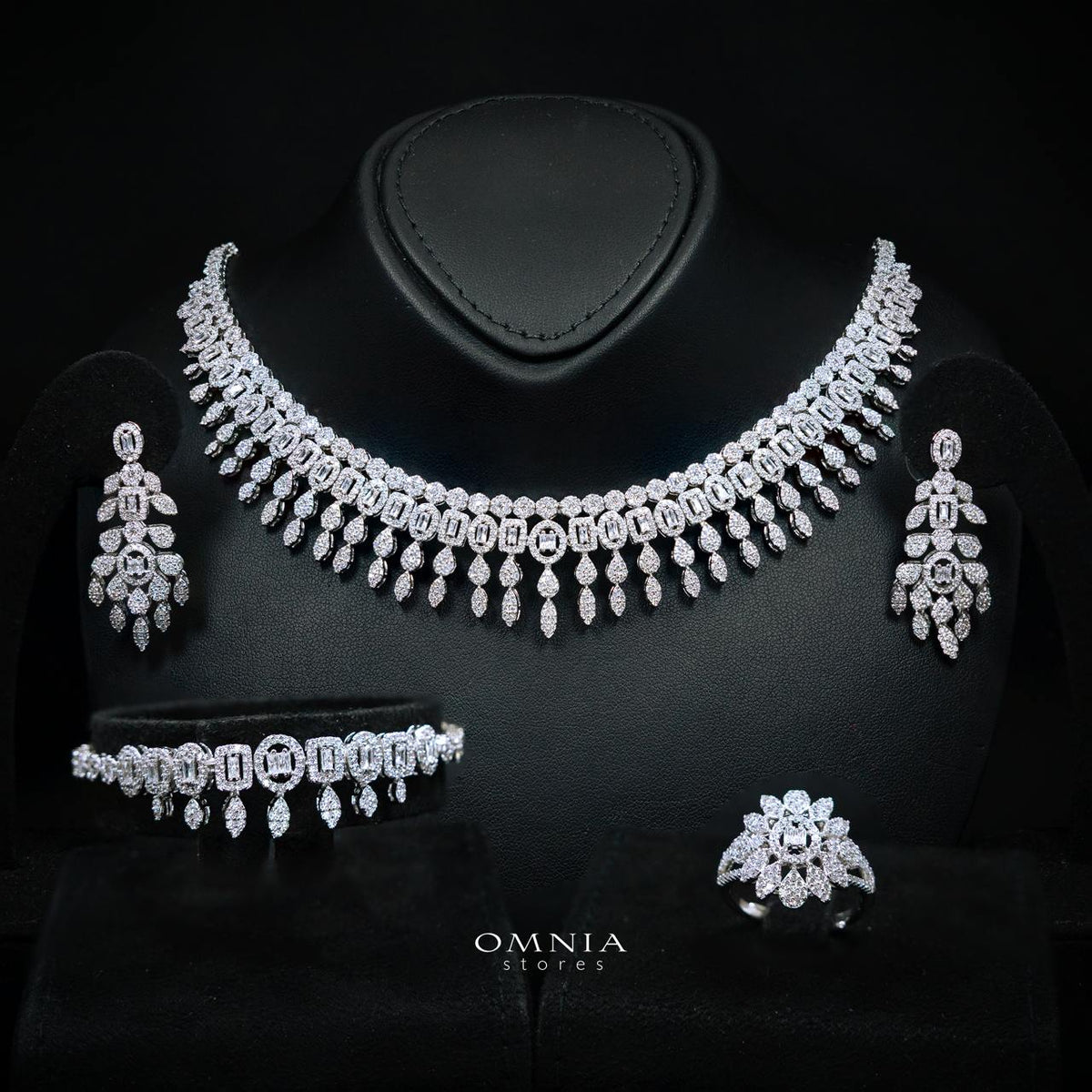 Ruhana White Luxury Bridal Full Set with High-Quality Simulated Diamonds, Rhodium Plated