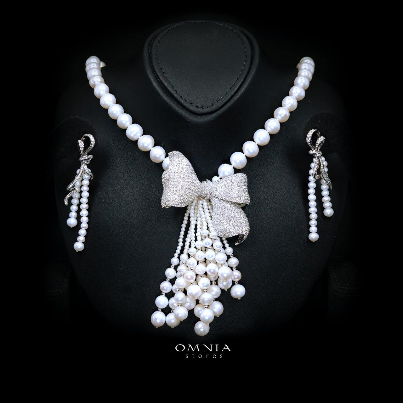 Mahzuna Pearl Necklace and Earrings Set with High-Quality Premium Simulated Diamonds in 925 Sterling Silver