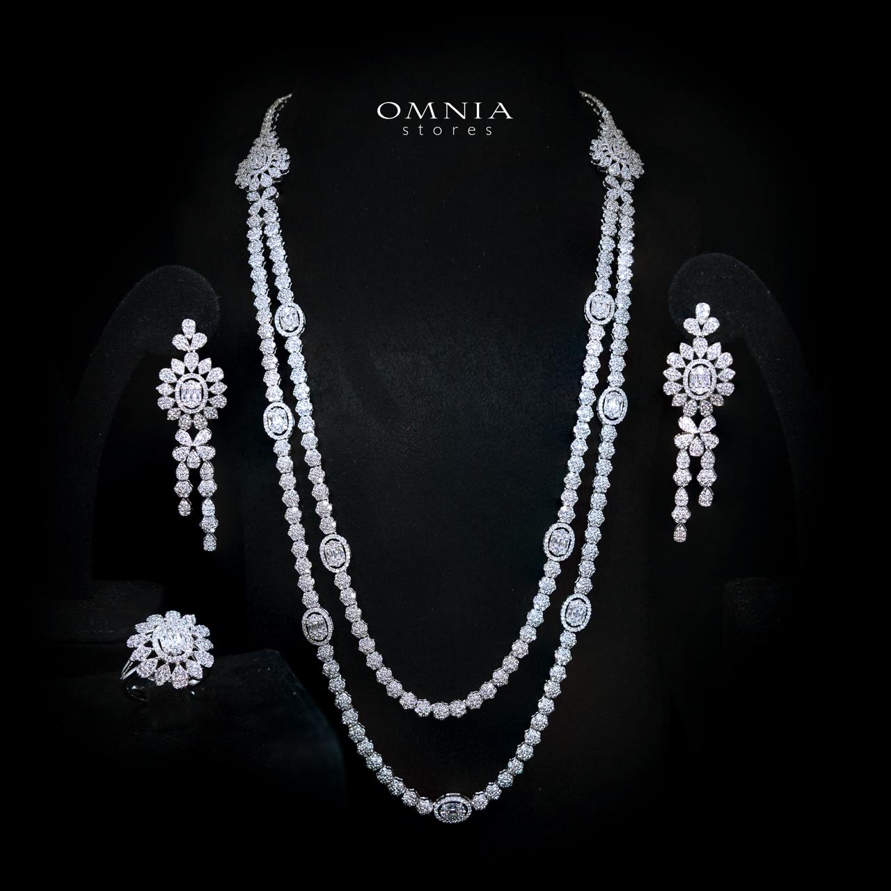 Lumaiza White Long Chain Necklace, Earrings, and Ring Set with High-Quality Simulated Diamonds and Rhodium Plating