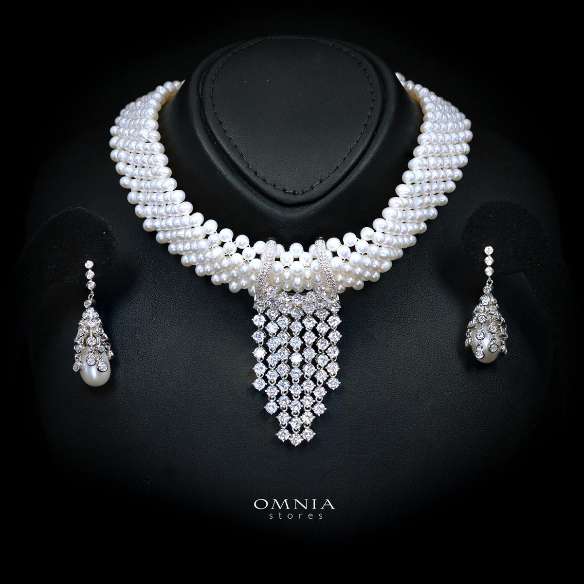 Uzmaira Pearl Necklace and Earrings Set with High-Quality Premium Simulated Diamonds in 925 Sterling Silver