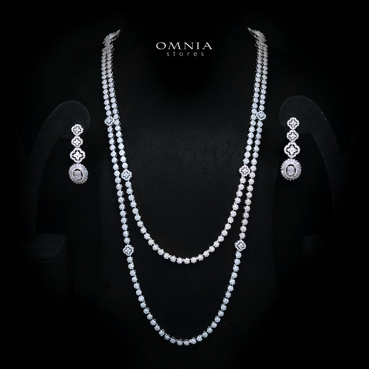 Ismeria White Long Chain Necklace and Earring Set with High-Quality Simulated Diamonds and Rhodium Plating
