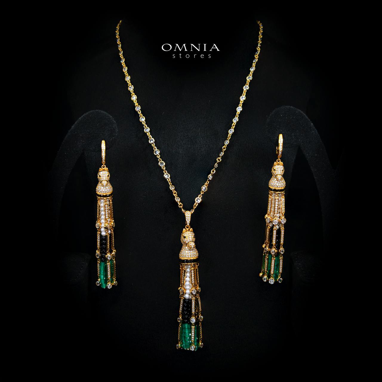 Omnia Vania Multi-Color Gold-Plated Horse Design Long Chain Necklace & Drop Earrings Set in 925 Silver with High-Quality Simulated Diamonds
