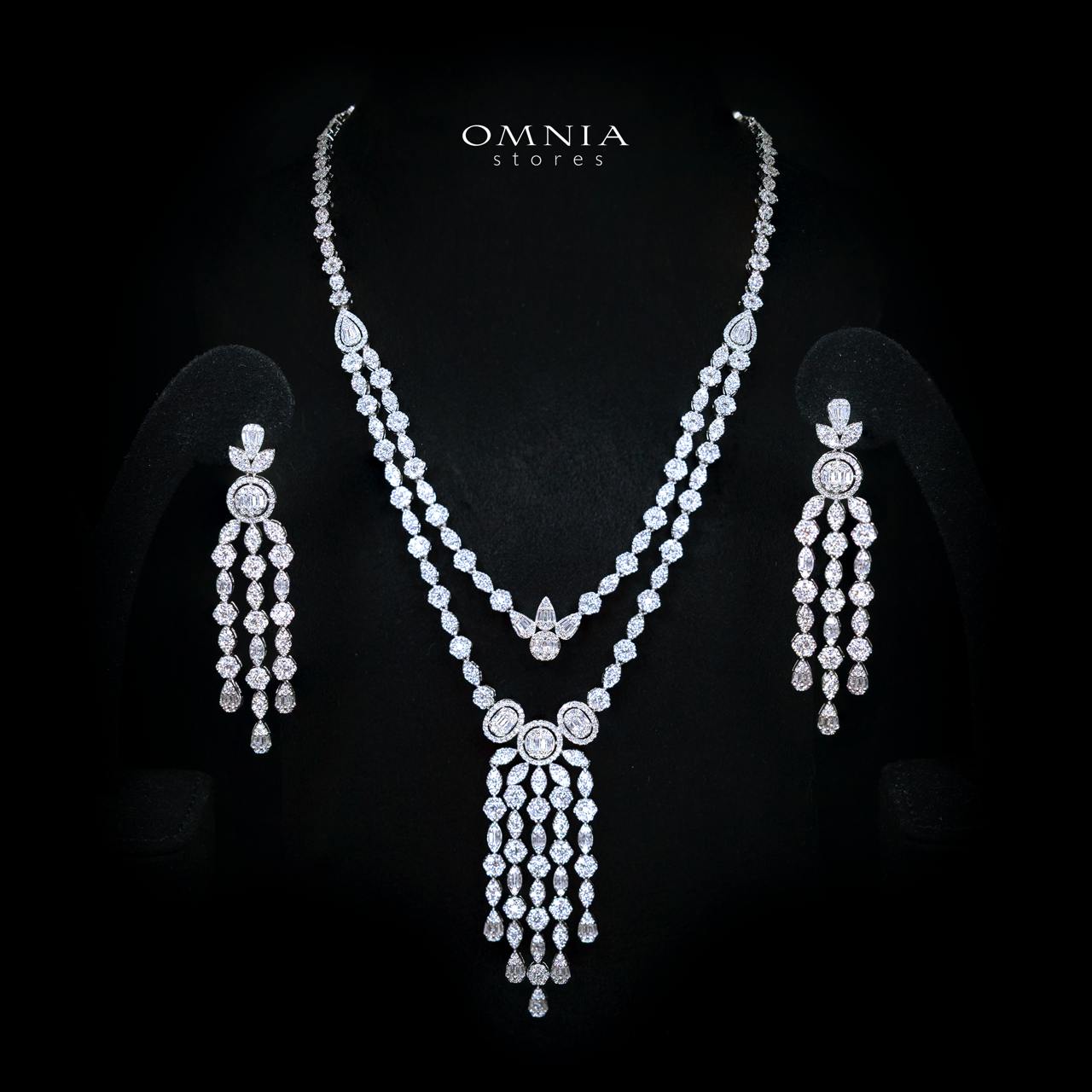 Avena White Long Chain Necklace and Earring Set with High-Quality Simulated Diamonds and Rhodium Plating