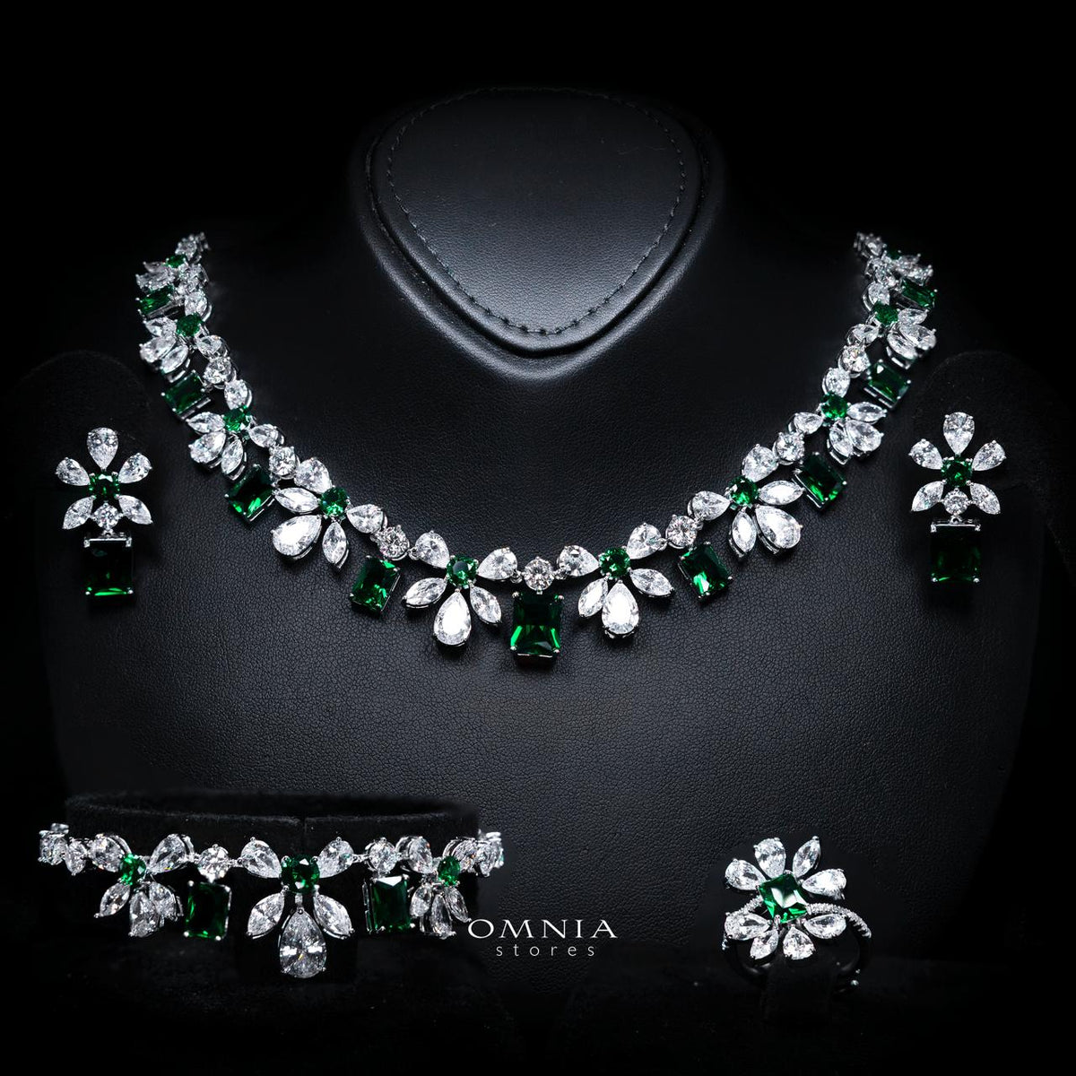 Rizza Green Luxury Bridal Full Set with High-Quality Simulated Diamonds – Rhodium Plated
