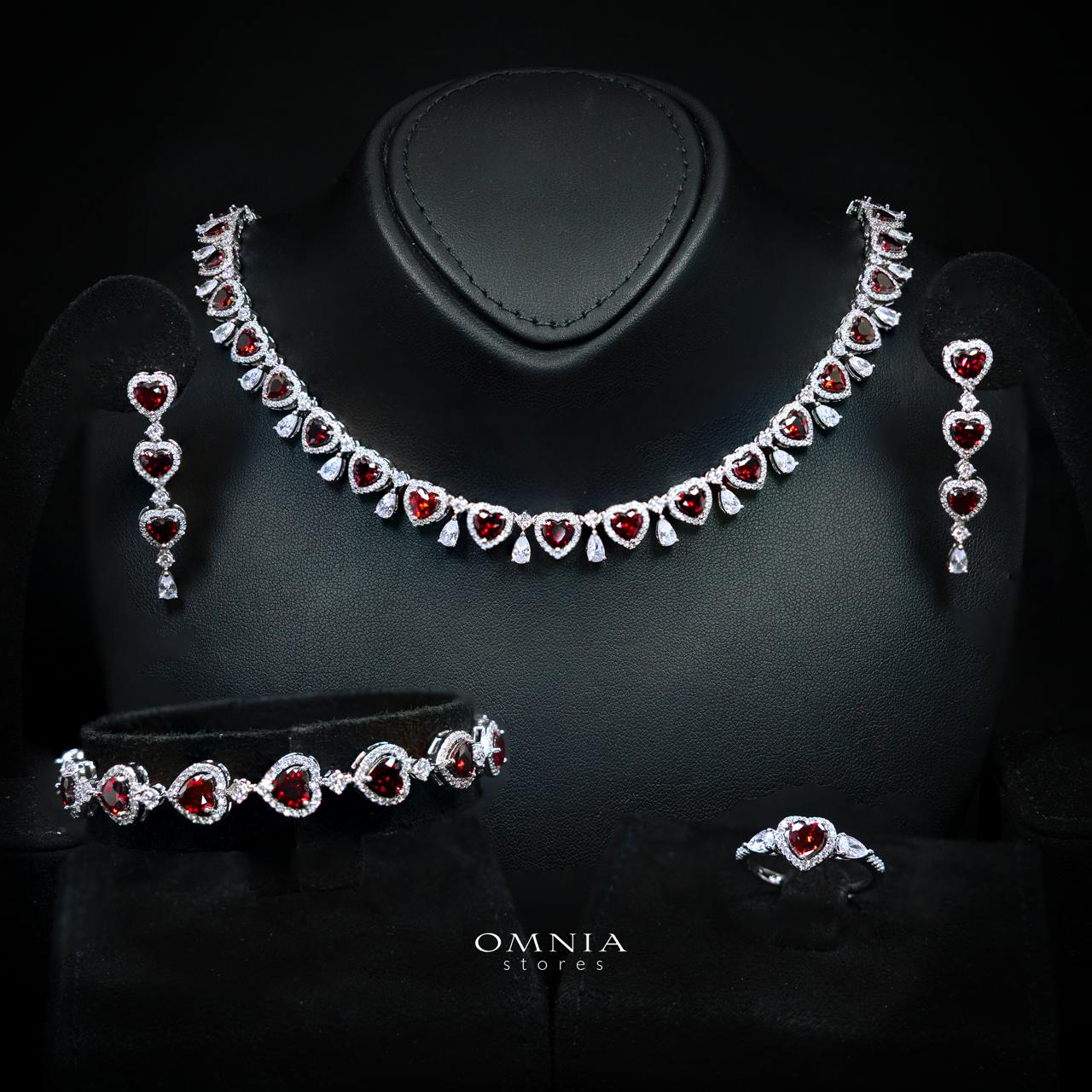 Talina Red Luxury Bridal Full Jewelry Set with High-Quality Premium Simulated Diamonds-Rhodium-Plated