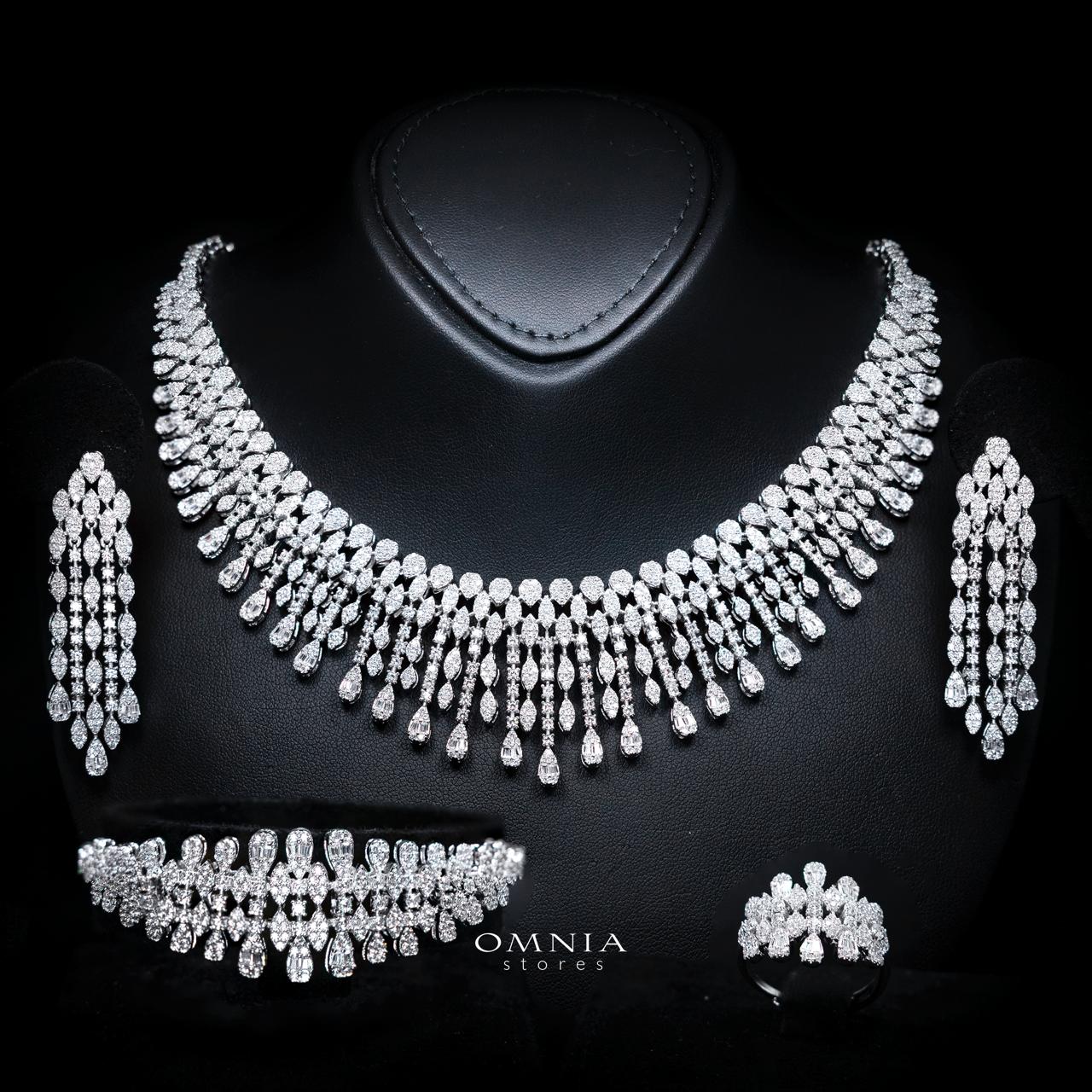 Sabriyya Royal White Fringe Drop Bridal Full Set with Premium Zircon Stones, Rhodium-Plated Finish