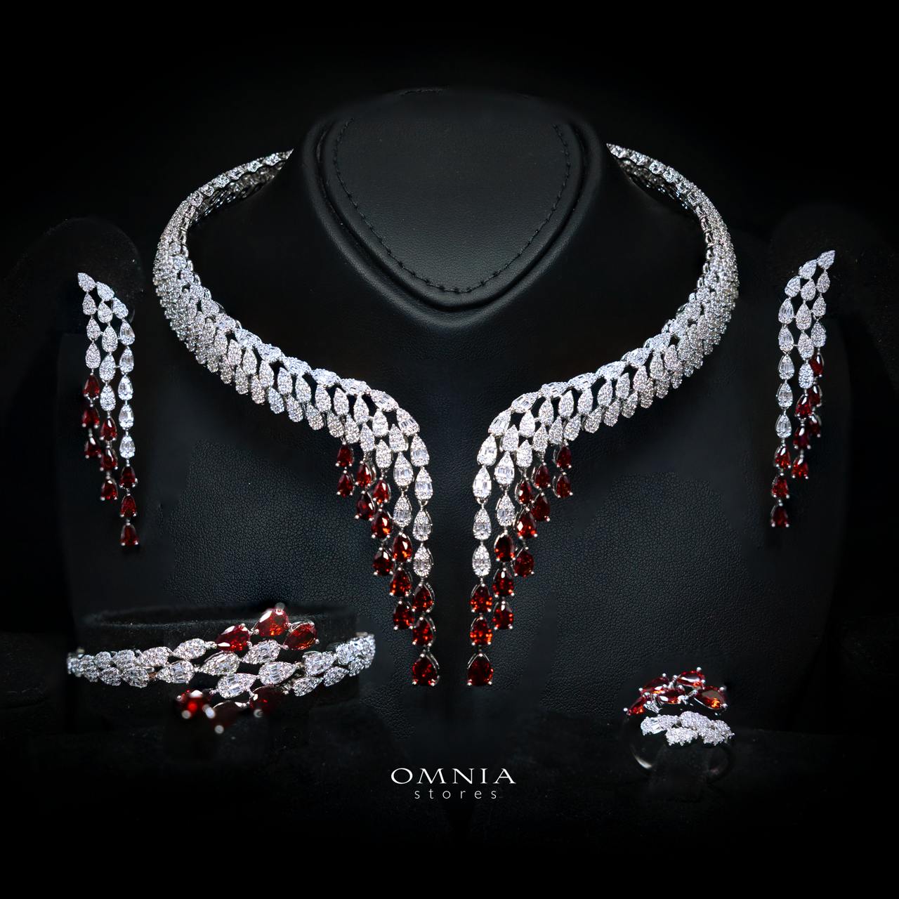 Omnia Senna Luxury Bridal Red Full Set in High Quality Zircon Stone Rhodium Plated
