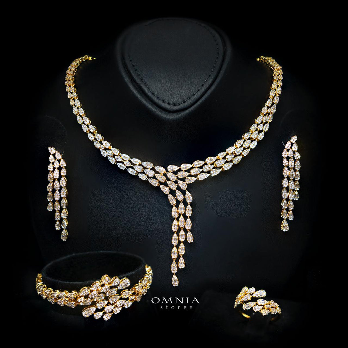 Omnia Nasiha Luxury Bridal Gold Full Set in High Quality Zircon Stone Rhodium Plated
