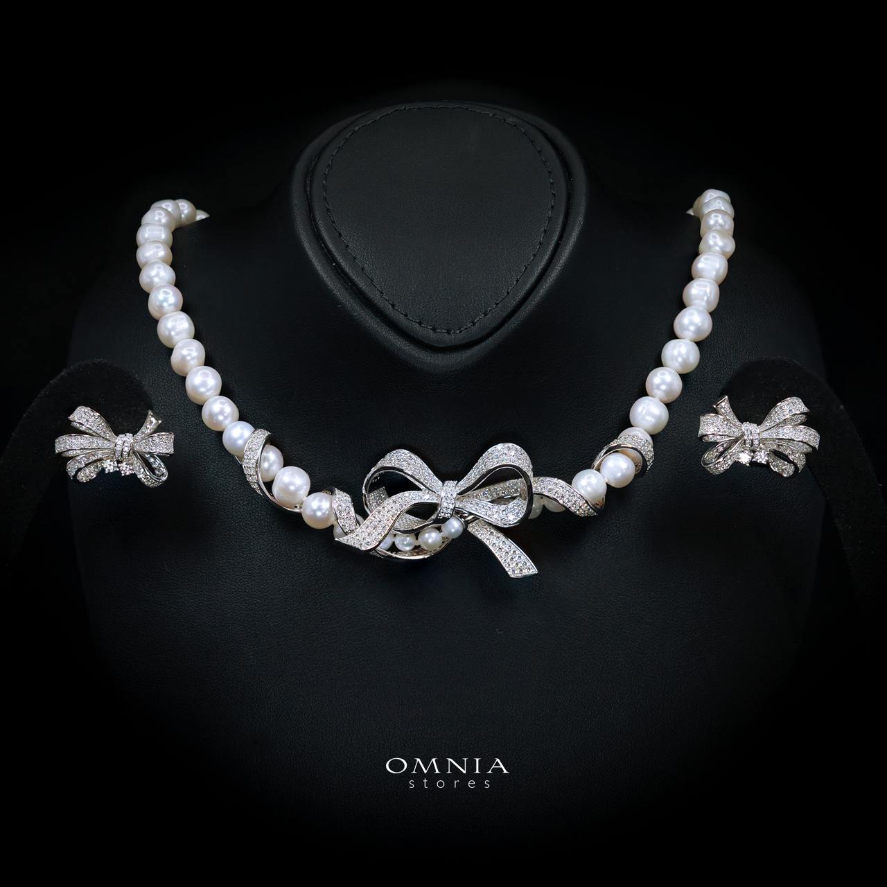 Melina Fresh Water Pearl Ribbon Necklace and Earring Set with High-Quality Simulated Diamonds in 925 Silver