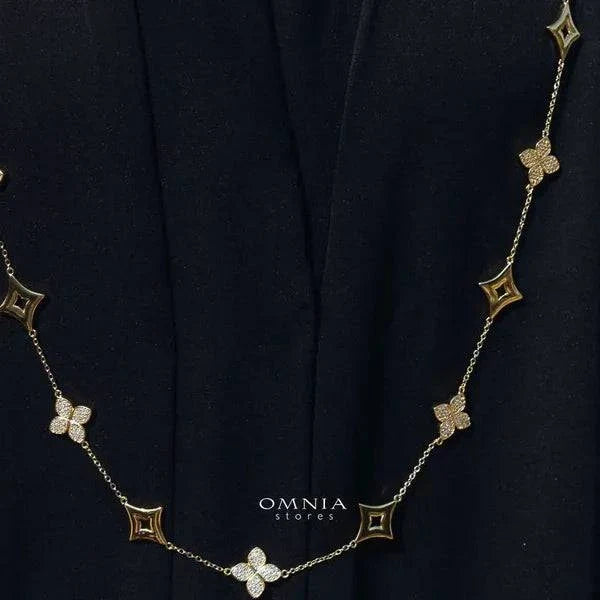 Omnia Golden Clove Long Chain in 100cm with High-Quality Simulated Diamonds Gold Plated - OMNIASTORES UAE