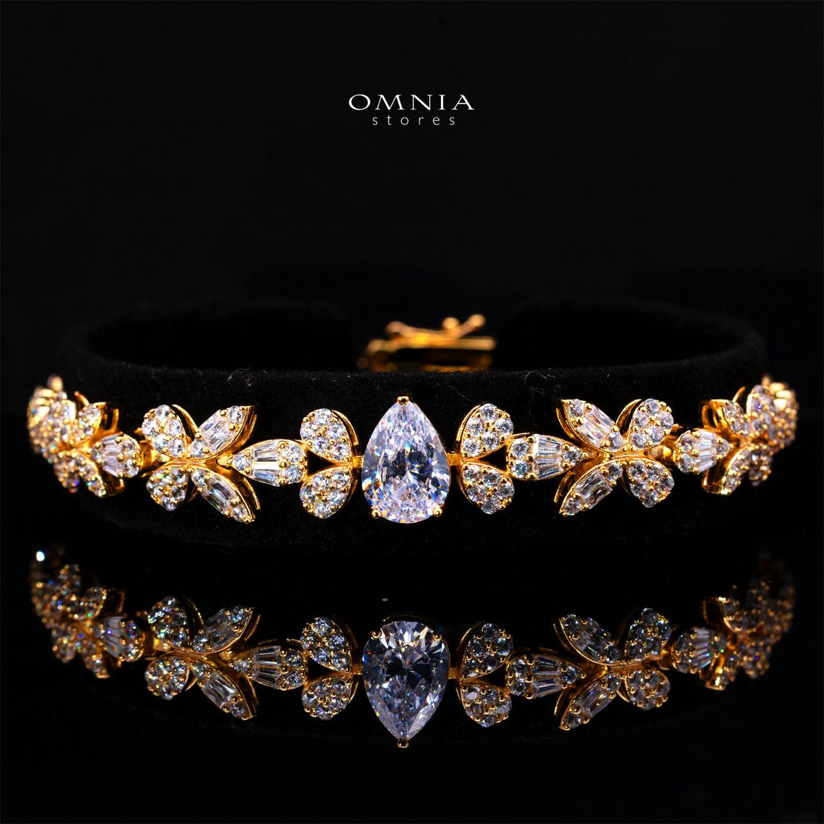 Omnia Yaza Bridal Gold Long chain Set High Quality Zircon Stone In Rhodium Plated