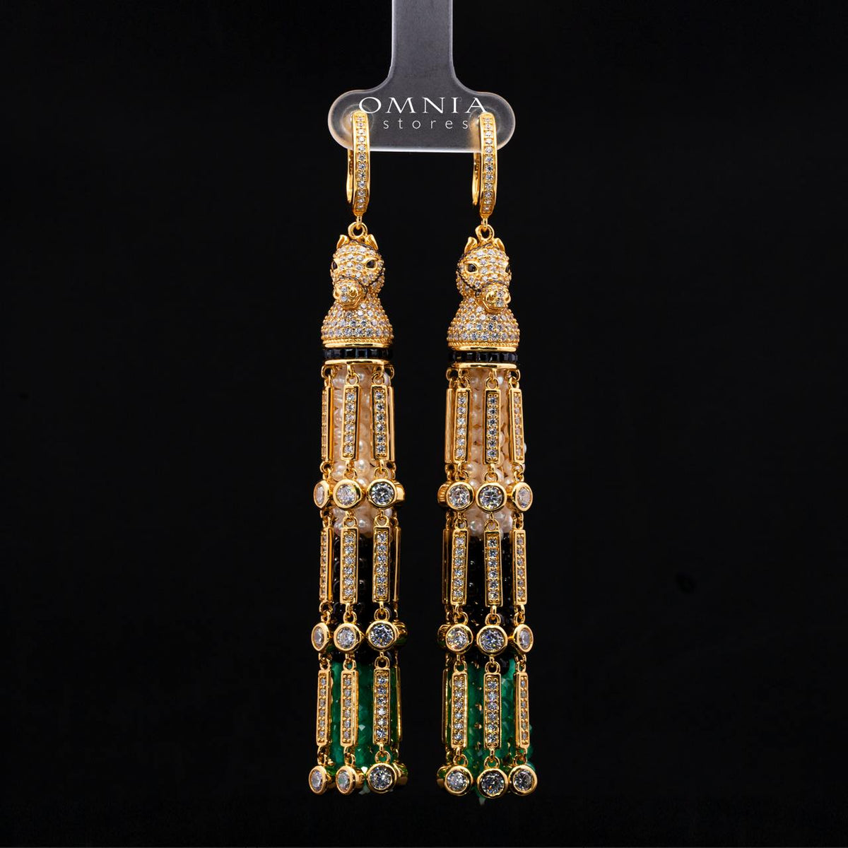 Omnia Vania Multi-Color Gold-Plated Horse Design Long Chain Necklace & Drop Earrings Set in 925 Silver with High-Quality Simulated Diamonds