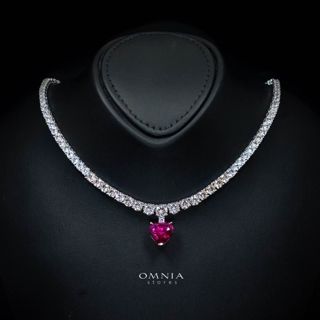 Omnia Zohra White and Red Heart Shape Pendant Necklace In 925 Silver High Quality Certified Lab Crafted Stones