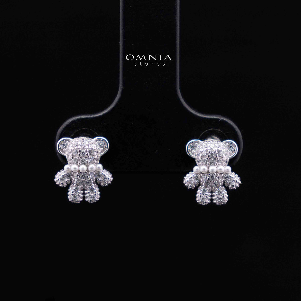 Nifla White Stacked Teddy Bear Design Silver Necklace and Earrings Set in 925 Silver with High-Quality Premium Zircon Stones