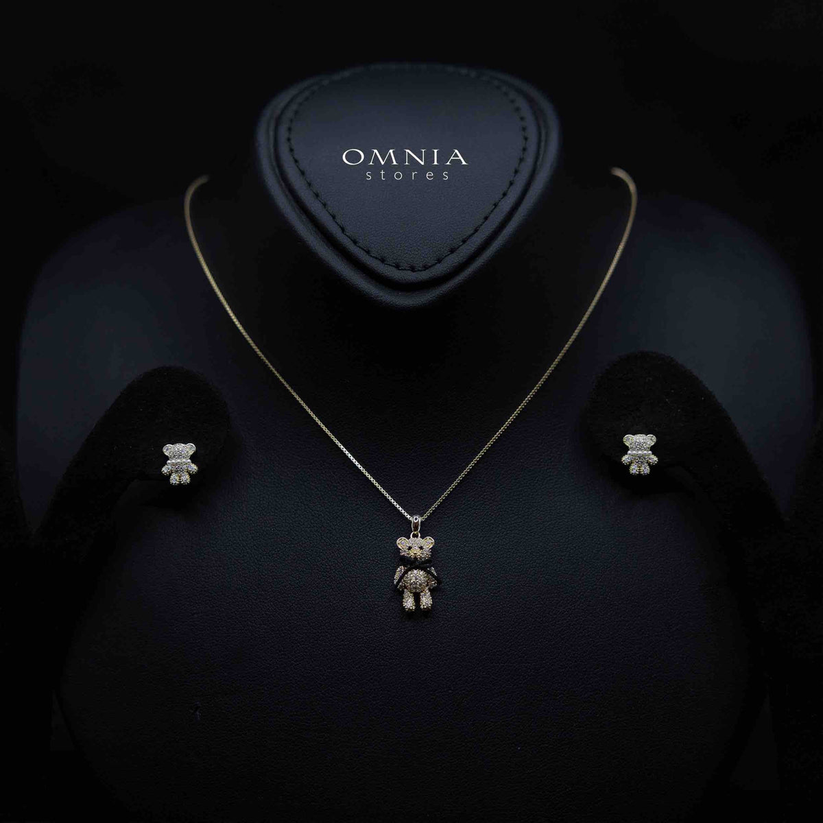 Nifla Gold Stacked Teddy Bear Design Silver Necklace and Earrings Set in 925 Silver with High-Quality Premium Zircon Stones