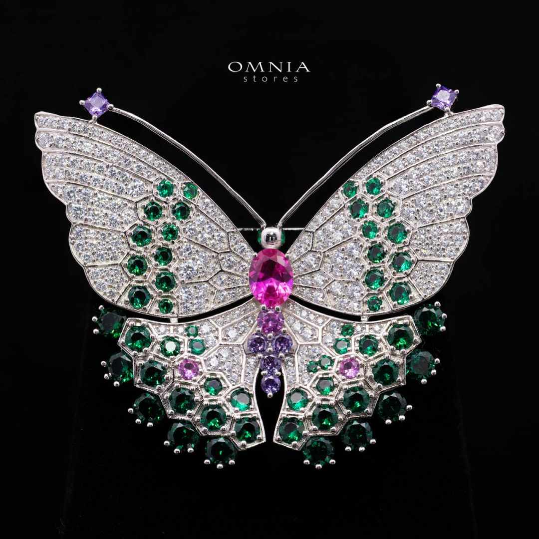 Omnia Nafisa Multi Color Butterfly Silver brooch in 925 Silver High Quality Simulated Diamonds Stones