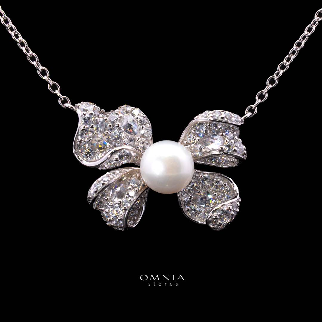 Omnia Pearl Butterfly Necklace in 92.5 Silver with High Quality Simulated Diamonds