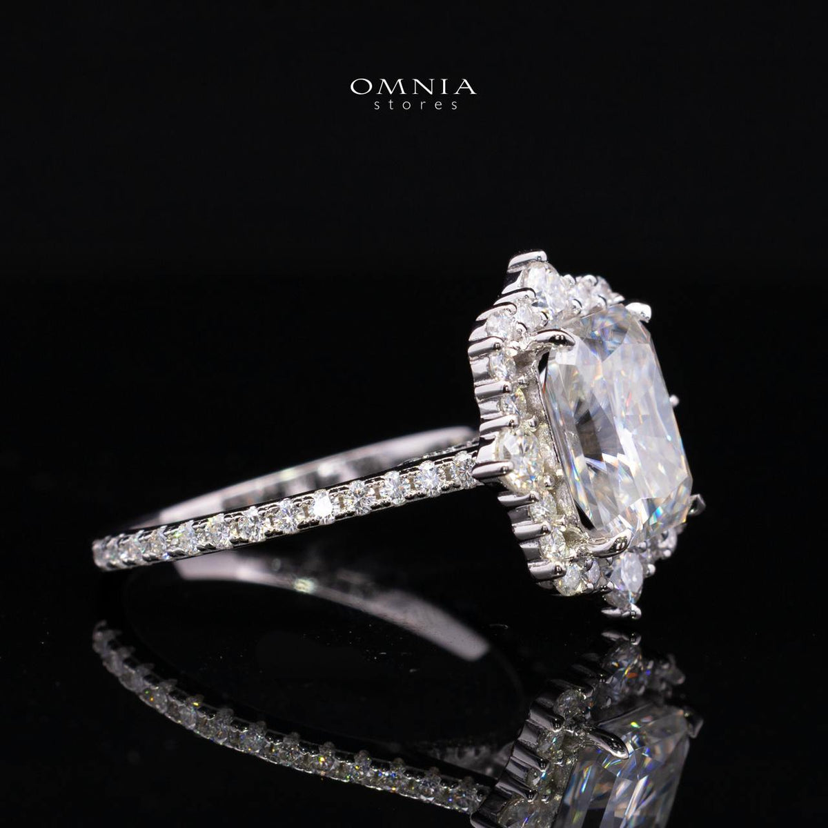 Nuwaira White Moissanite Radiant Halo Ring with Pavé Band – GRA Certified, 8x10mm (4ct), Rhodium-Plated 925 Sterling Silver