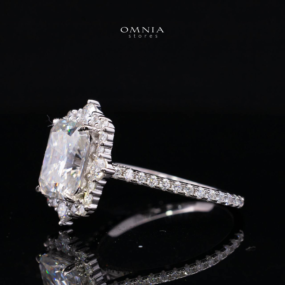 Nuwaira White Moissanite Radiant Halo Ring with Pavé Band – GRA Certified, 8x10mm (4ct), Rhodium-Plated 925 Sterling Silver