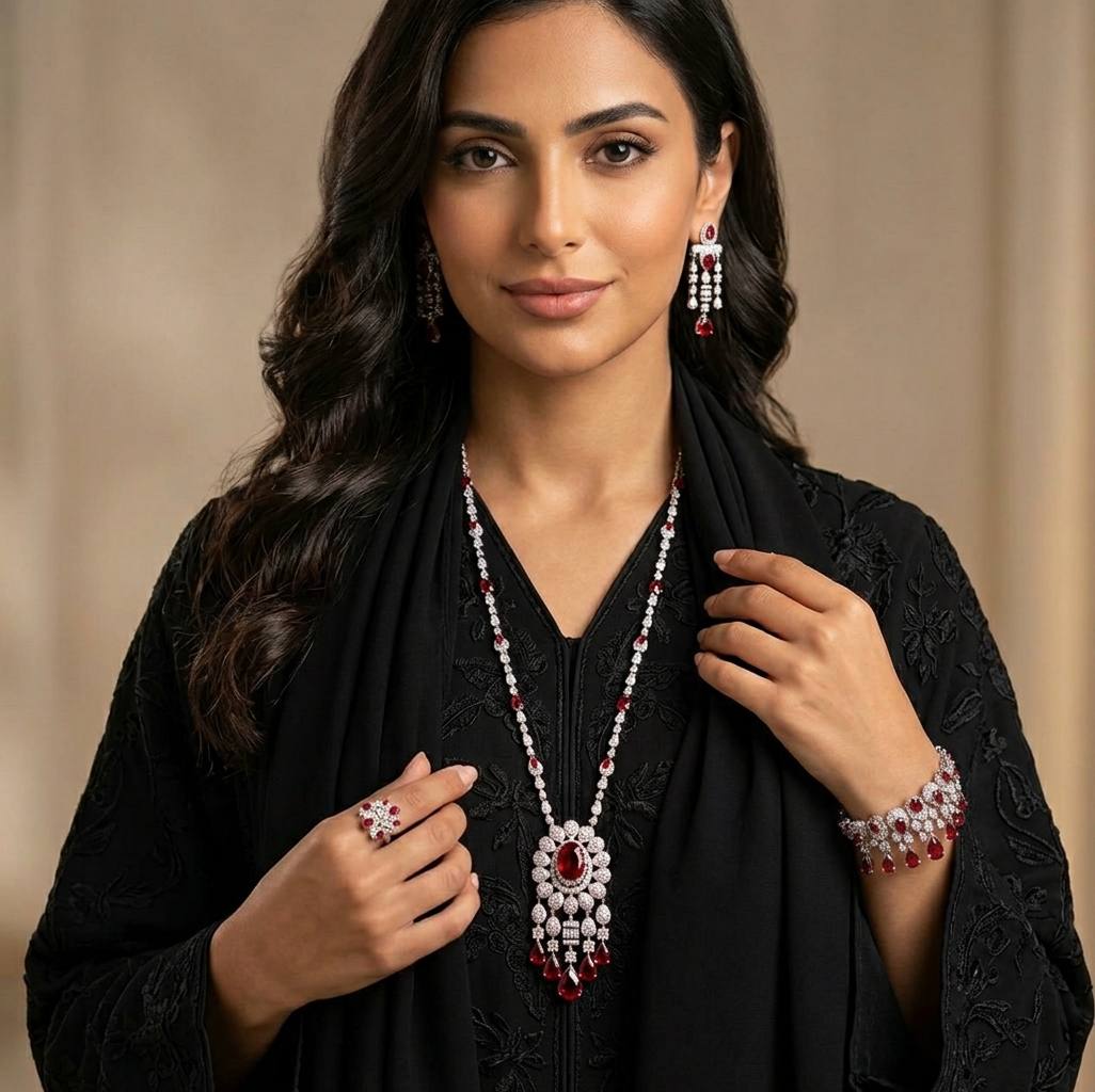 Aleya Red Luxury Bridal Full Long chain Set in High Quality Simulated Diamonds Rhodium Plated