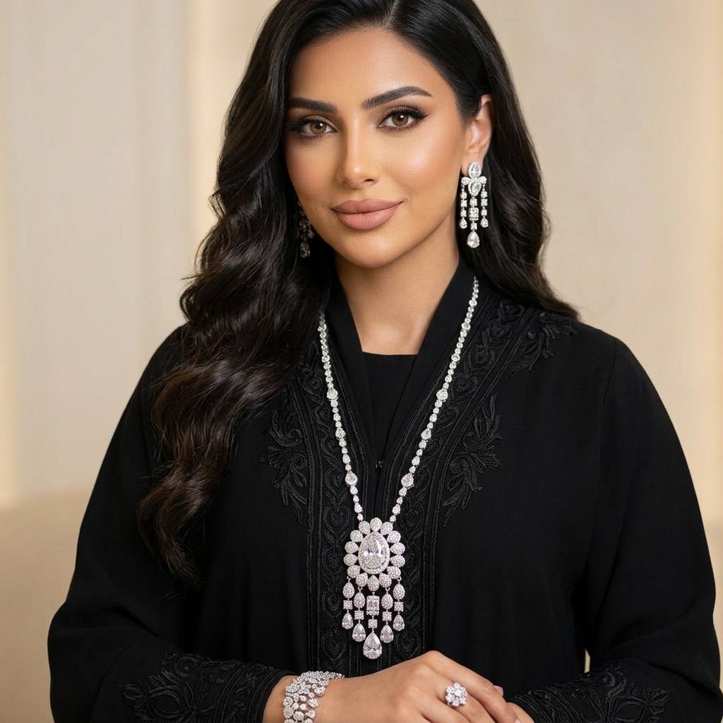 Omnia Aleya White Bridal Full Long chain Set in High Quality Simulated Diamonds