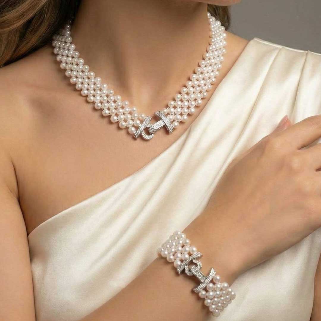Omnia Alice Fresh Water Pearl Necklace and Bracelet Set with 925 Silver High Quality Simulated Diamonds Stones - OMNIASTORES UAE