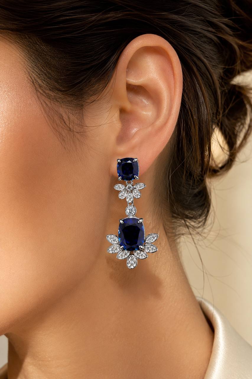 Omnia Alyah White and Blue Floral Earrings With High Quality Sapphire Lab Grown Stones in 925 Silver