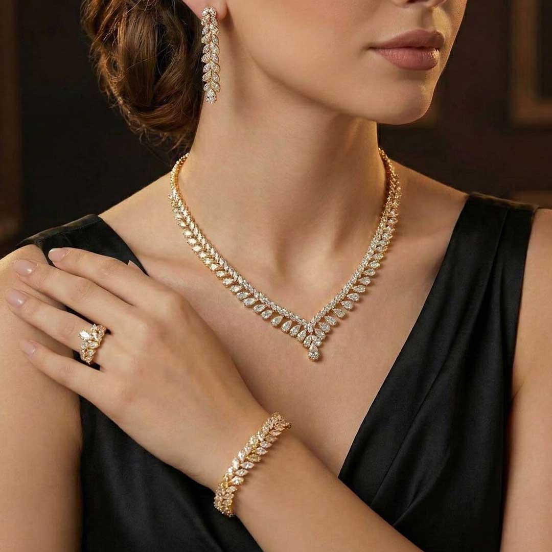 Omnia Aseel Gold Bridal Full Set Accessories in High Quality Zircon Stone Rhodium Plated - OMNIASTORES UAE