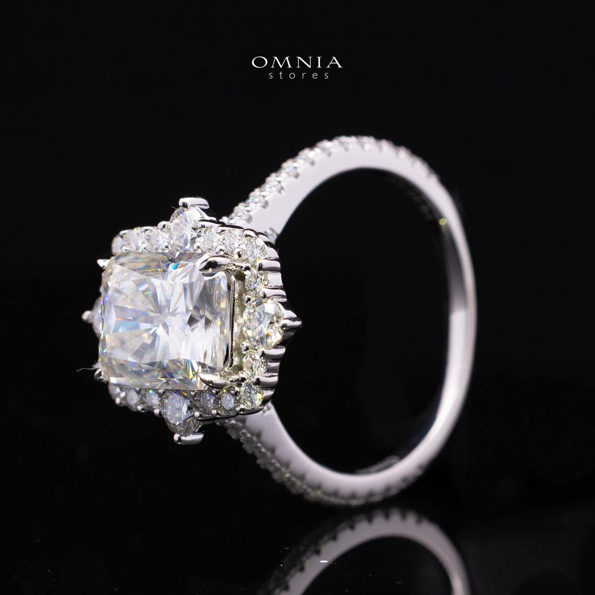 Nuwaira White Moissanite Radiant Halo Ring with Pavé Band – GRA Certified, 8x10mm (4ct), Rhodium-Plated 925 Sterling Silver
