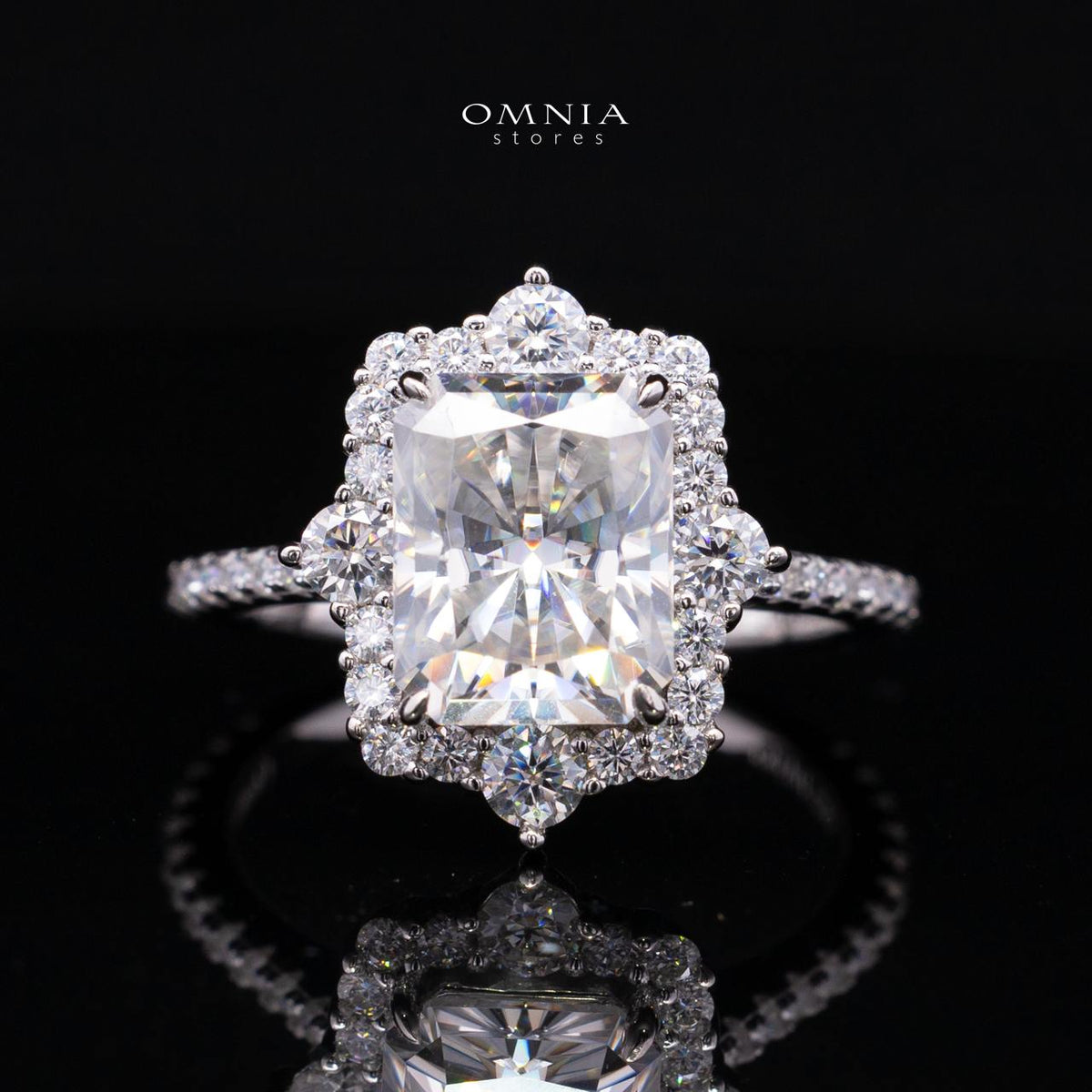 Nuwaira White Moissanite Radiant Halo Ring with Pavé Band – GRA Certified, 8x10mm (4ct), Rhodium-Plated 925 Sterling Silver