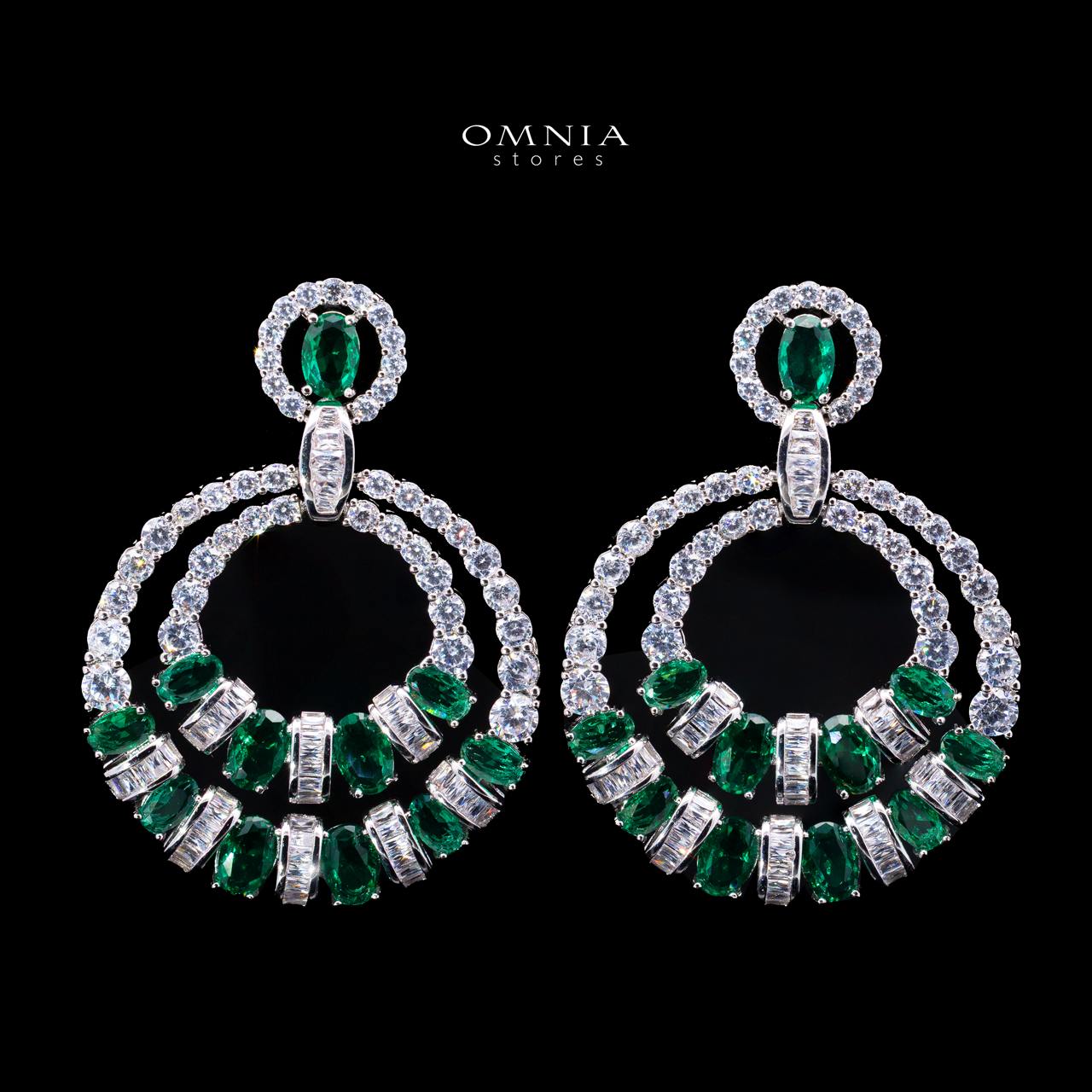 Selestine Green Long Chain Necklace and Earring Set with High-Quality Simulated Diamonds and Rhodium Plating