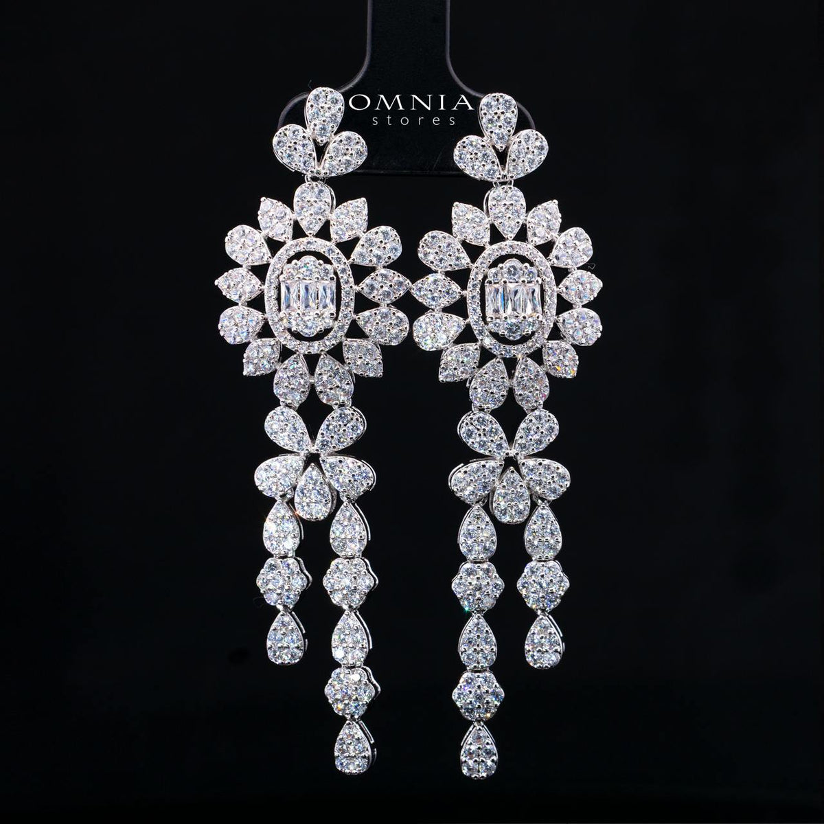 Lumaiza White Long Chain Necklace, Earrings, and Ring Set with High-Quality Simulated Diamonds and Rhodium Plating