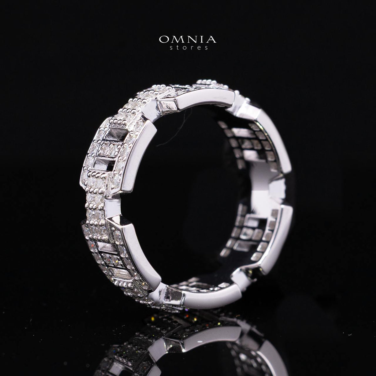 Alessia White Moissanite Modern Chain-Link Stone-Set Ring – Rhodium-Plated 925 Sterling Silver