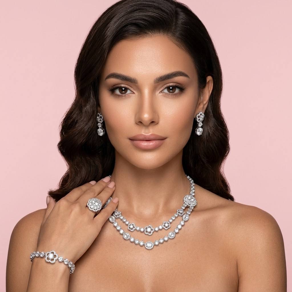 Omnia Esra White Luxury Bridal Full Set in High Quality Simulated Diamond Rhodium Plated